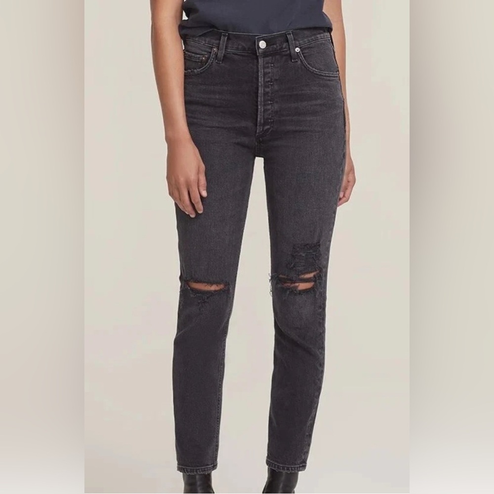 AGOLDE Nico High Rise Slim Jeans Cassette Faded Black Distressed 28‎
